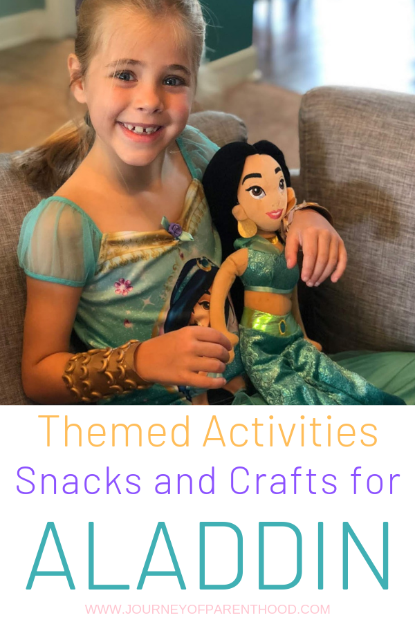 girl with jasmine doll text: themed activities snacks and crafts for aladdin