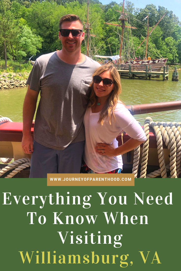 couple on a boat in Jamestown Settlement. Text says "everything you need to know when visiting Williamsburg, VA"