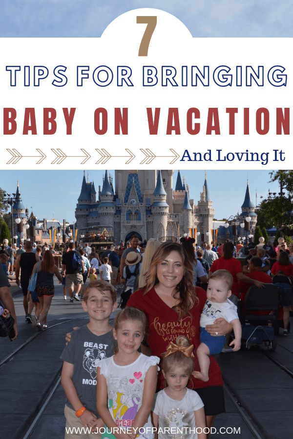 mom with four kids at magic kingdom - text overlay 7 tips for traveling with baby How To Travel With a Baby