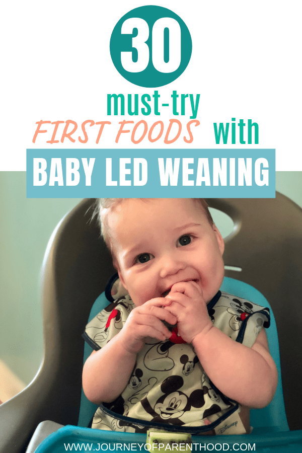 baby boy eating text reads 30 must try first foods with baby led weaning