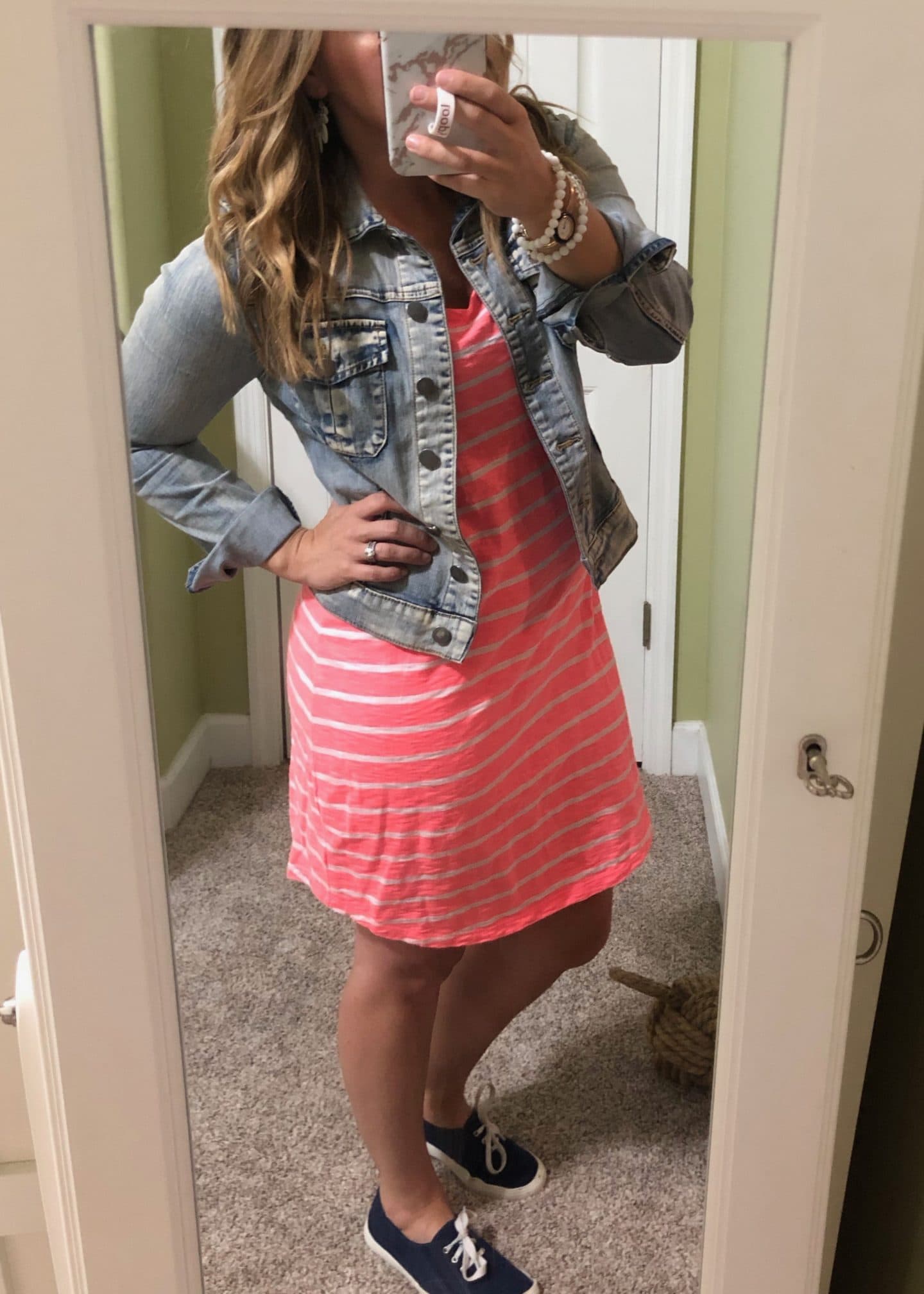 bright pink dress and denim jacket