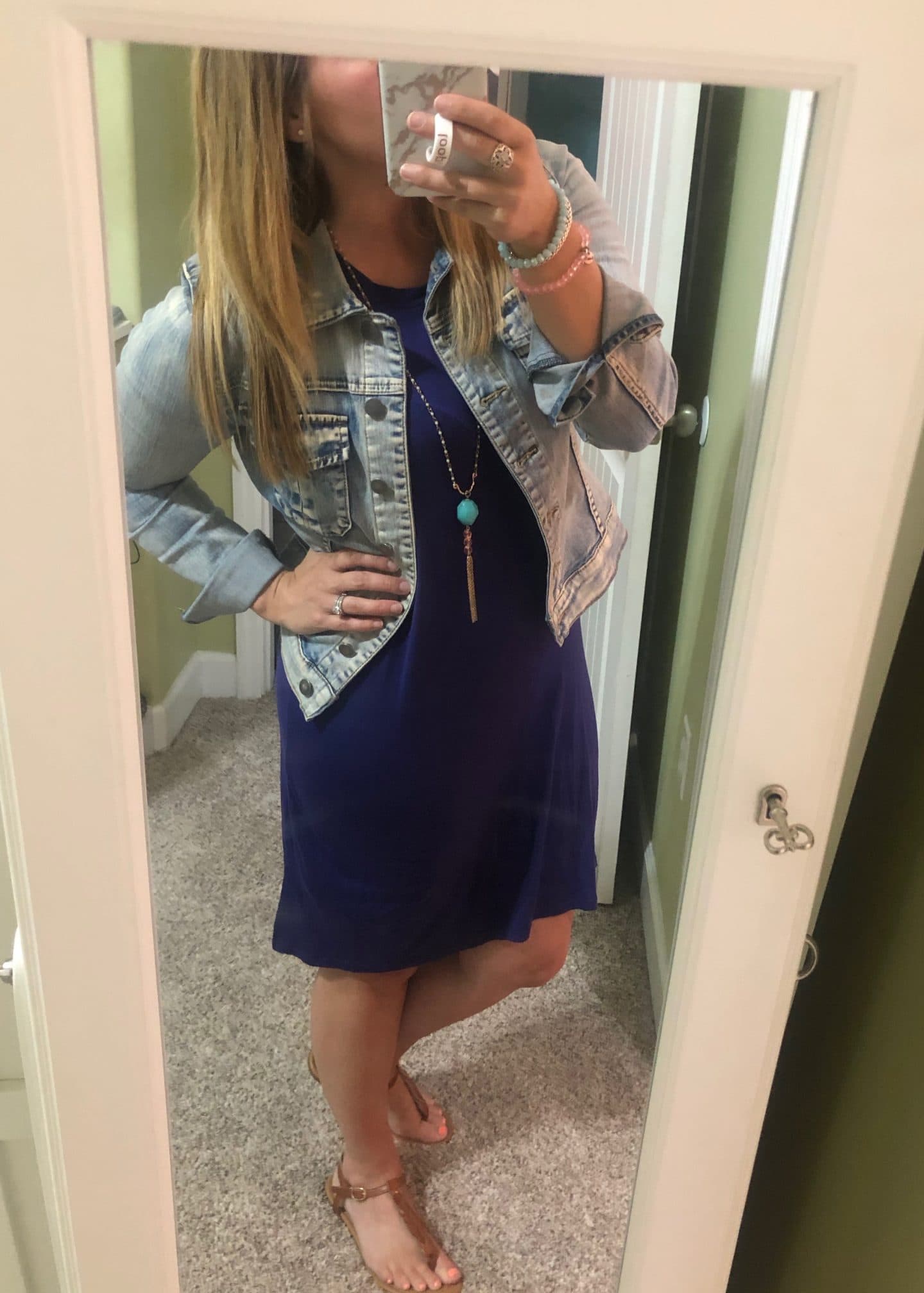 navy dress and denim jacket