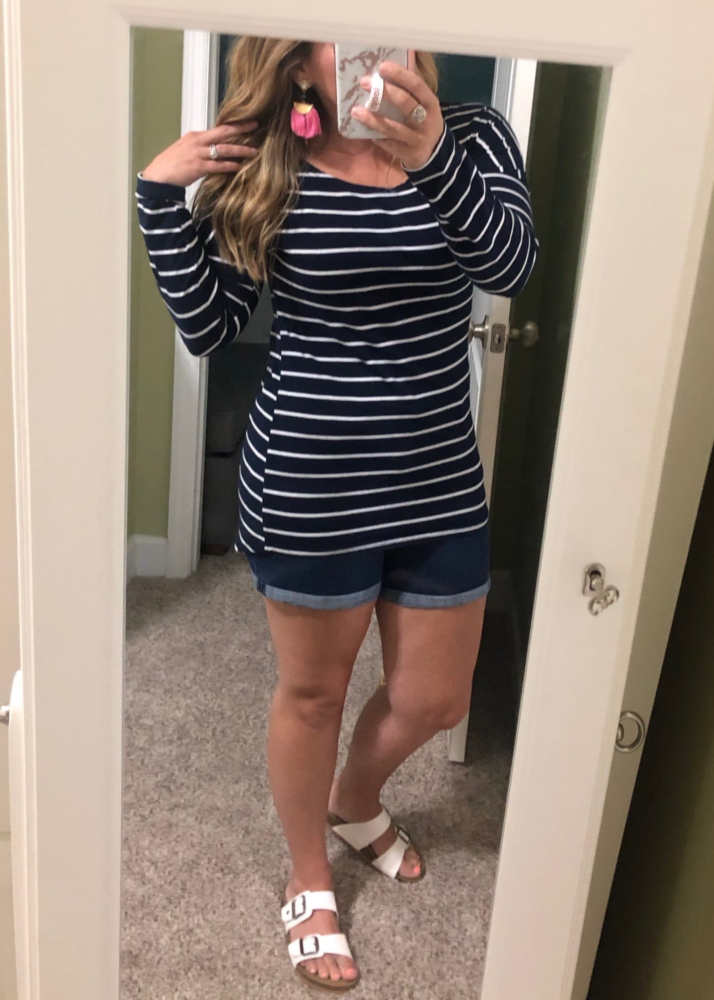 blue stripe shirt and white sandals