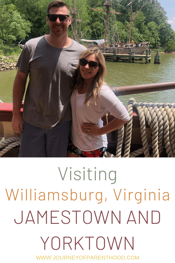 husband and wife on a boat at Jamestown Settlement in Virginia 