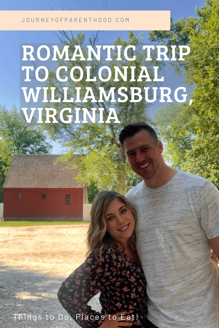 Couple in Colonial Williamsburg with text