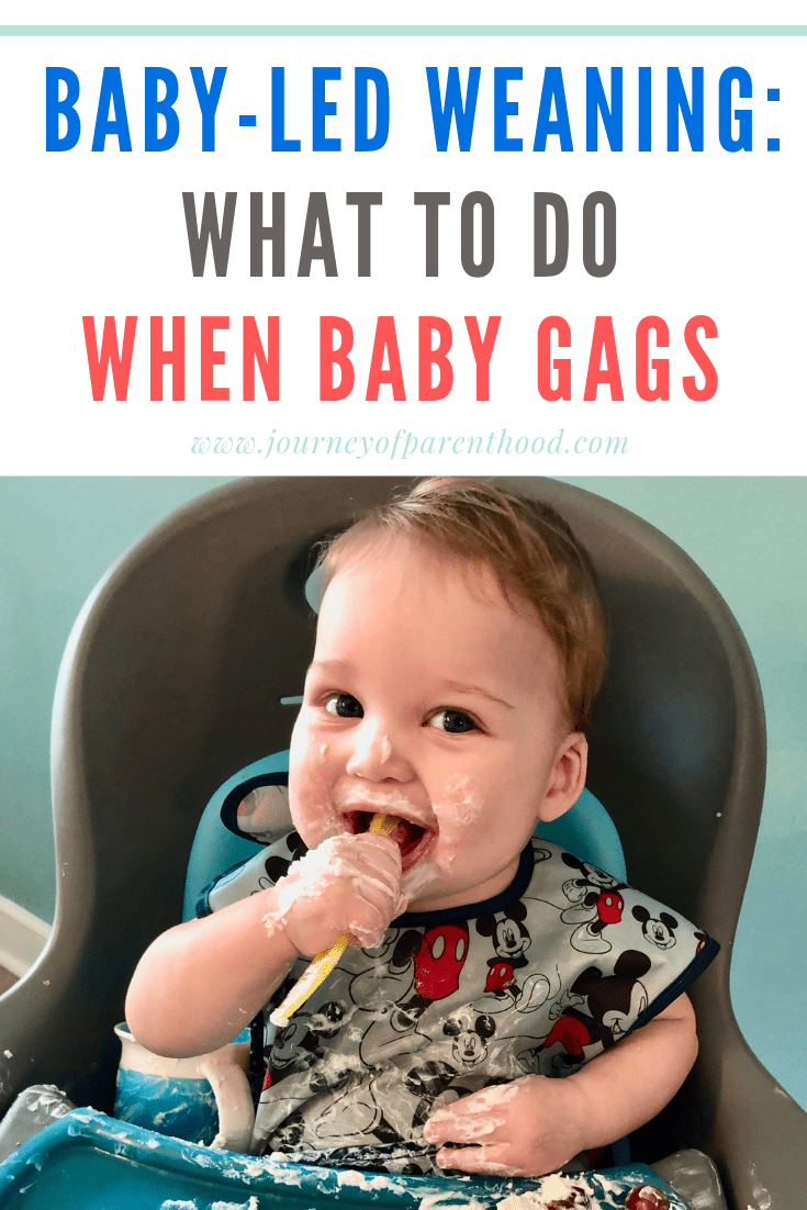 Baby in high chair with spoon and messy food. Text reads: baby-led weaning: what to do when baby gags