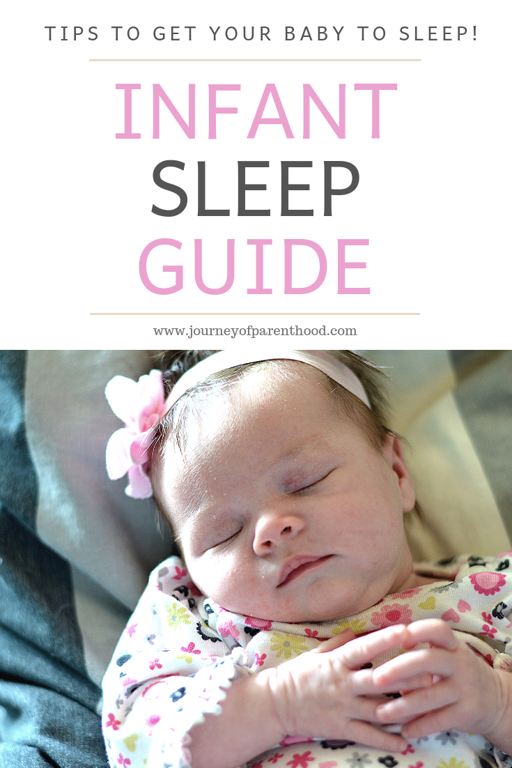 Baby Sleeping Holding Hands - Text Reads: Tips To Get Your Baby To Sleep. Infant Sleep Guide