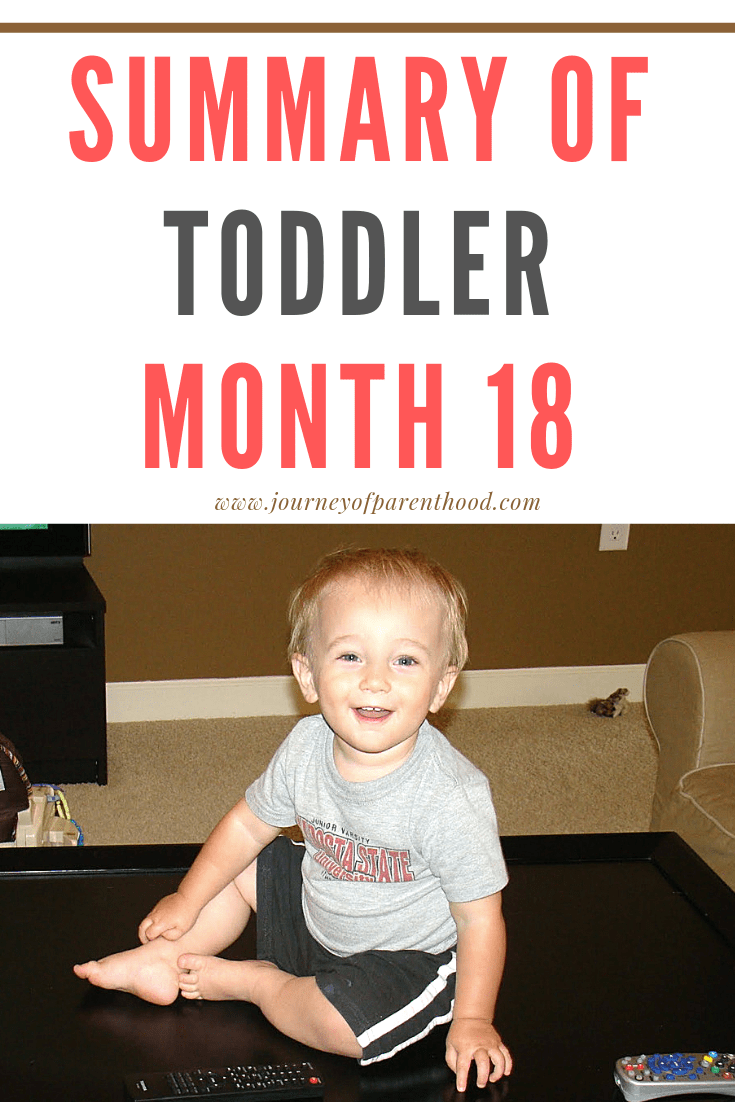 Boy sitting on coffee table - text of summary of toddler month 18