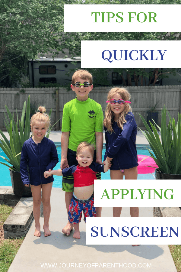 Four kids by the pool with text for quickly applying sunscreen for kids 