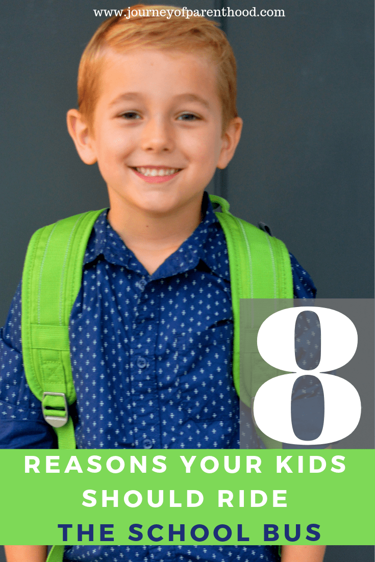 Boy wearing book bag on first day of school - text reads 8 reasons why riding school bus benefits child