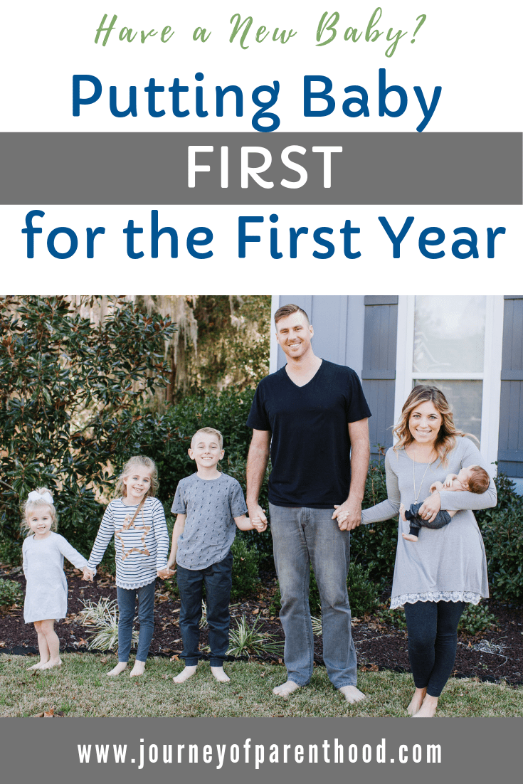 family of 6 - text reads: have a new baby? putting baby first for the first year. 