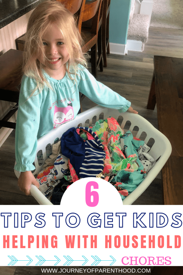 preschooler holding laundry basket - 6 tips to get kids helping with household chores 