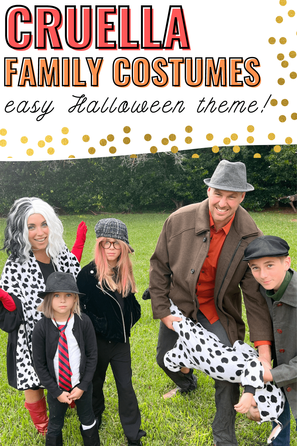 Cruella Family Costume Ideas for Halloween - an easy, DIY 101 Dalmatians family costume with a Cruella De Vil twist!