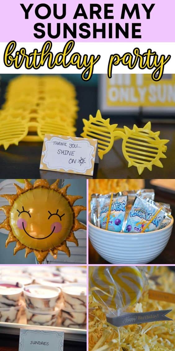 No matter what time of year your child's birthday lands in, a "you are my sunshine" themed party is sure to brighten their day! Here are the sunshine birthday party ideas we used for our daughter's party, from food to decor to sunny activities! Sunshine Birthday Party Decorations Themed Party Idea for Sun Shine and You Are My Sunshine Theme - Activities, Food Ideas, Decor and More