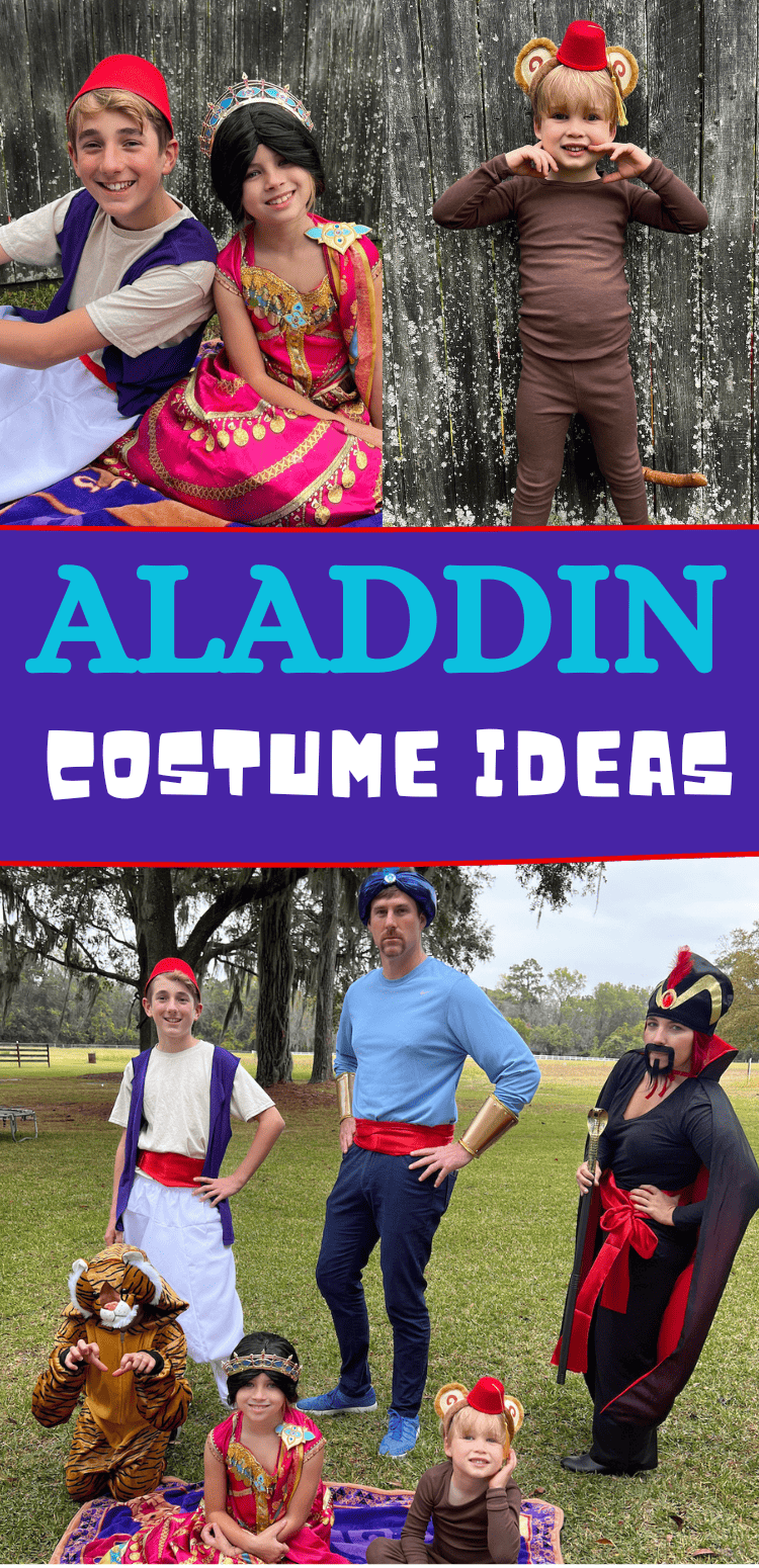 family aladdin costume ideas - inspo for your next family Halloween party. Aladdin, Genie, Jafar, Abu, Rajah, Magic Carpet and Jasmine!